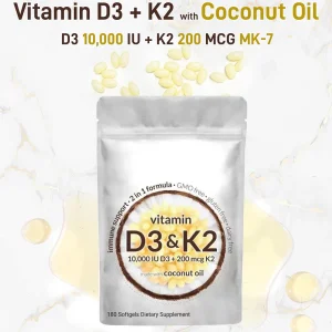 Vitamin D3 K2 10000 IU 300 Coconut Oil Softgels  Supports Calcium Absorption, Bone Health
