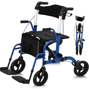 Rollator Walker with Seat Foldable Aluminum Walkers with Backrest, Adjustable Height